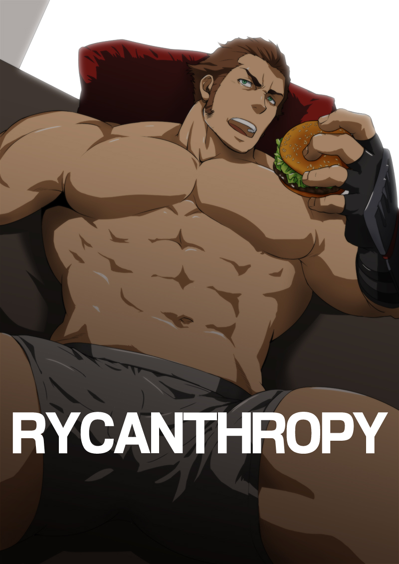 1boy abs artist_name bara blue_eyes boxers brown_hair bulge couch fingerless_gloves food garo:vanishing_line garo_(series) gloves grey_male_underwear hamburger looking_at_viewer male_focus male_underwear mizuki_gai muscular muscular_male navel no_nipples on_couch open_mouth pectorals short_hair solo spread_legs sword_(garo) thick_thighs thighs underwear underwear_only