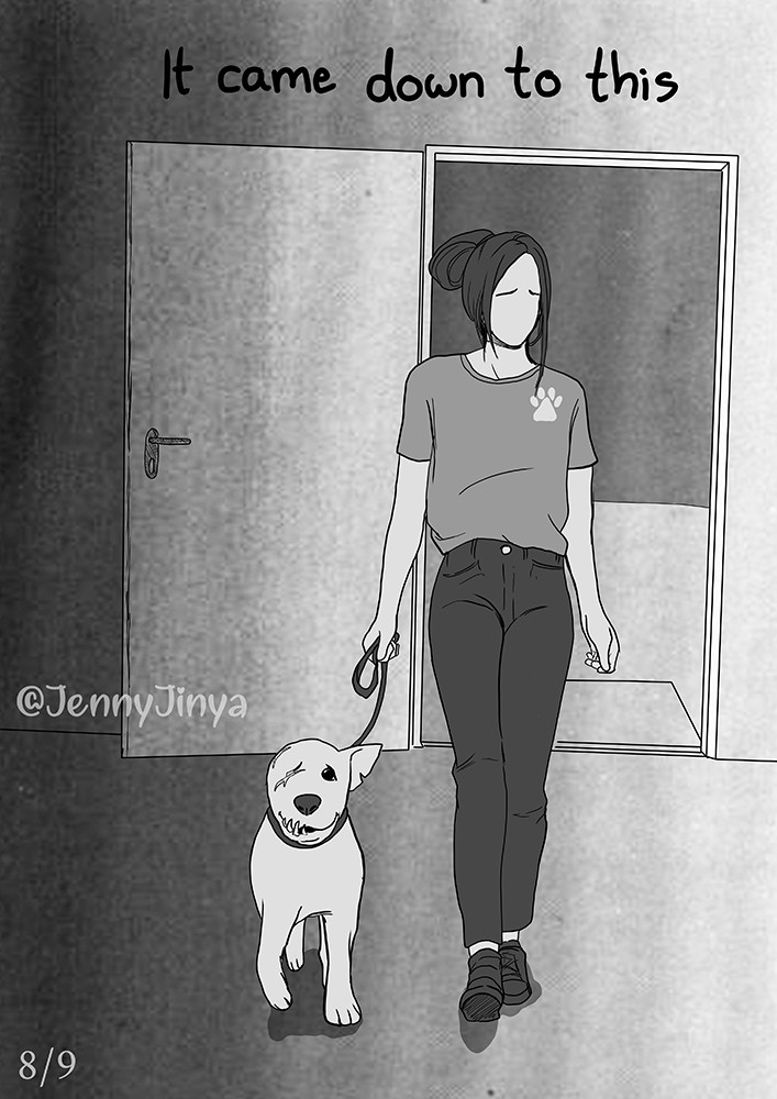 ambiguous_gender canid canine canis collar comic dialogue domestic_dog door duo english_text female feral greyscale human jenny_jinya leash loving_reaper mammal missing_ear missing_eye monochrome scar text