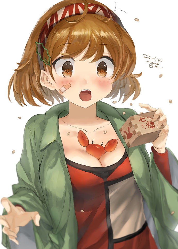 1girl 1other bandaid bandaid_on_face beans blurry blush breasts brown_eyes cleavage collarbone crab dated depth_of_field eyebrows_visible_through_hair green_jacket jacket kantai_collection large_breasts light_brown_hair long_sleeves masu oboro_(kantai_collection) open_mouth pet short_hair signature simple_background toka_(marchlizard) upper_body white_background