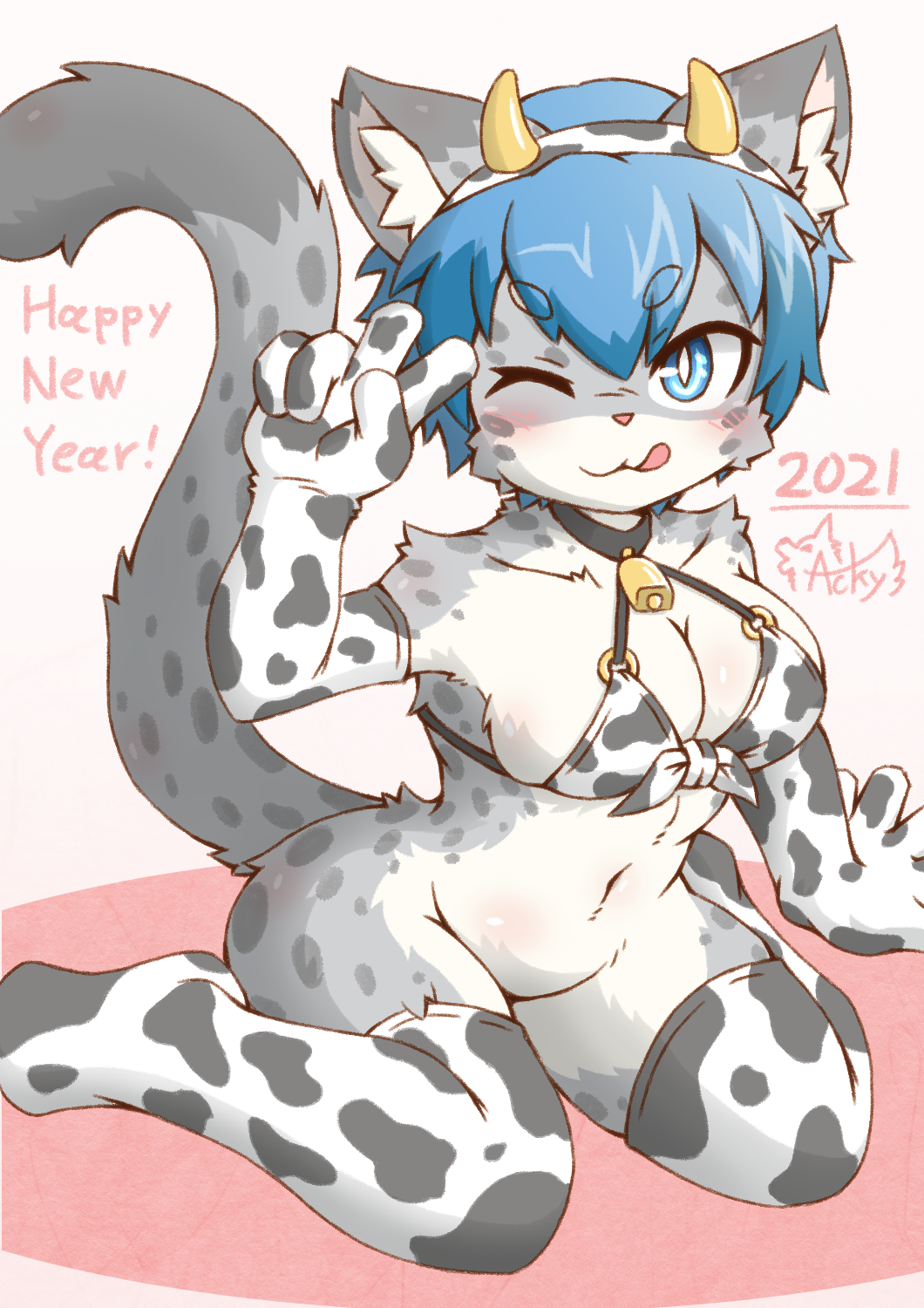 acky05 anthro blue_hair blush felid female fur gesture grey_body grey_fur grey_spots hair hi_res looking_at_viewer mammal one_eye_closed pantherine snow_leopard solo spots spotted_body spotted_fur suzune_(acky05) tongue tongue_out v_sign white_body white_fur wink