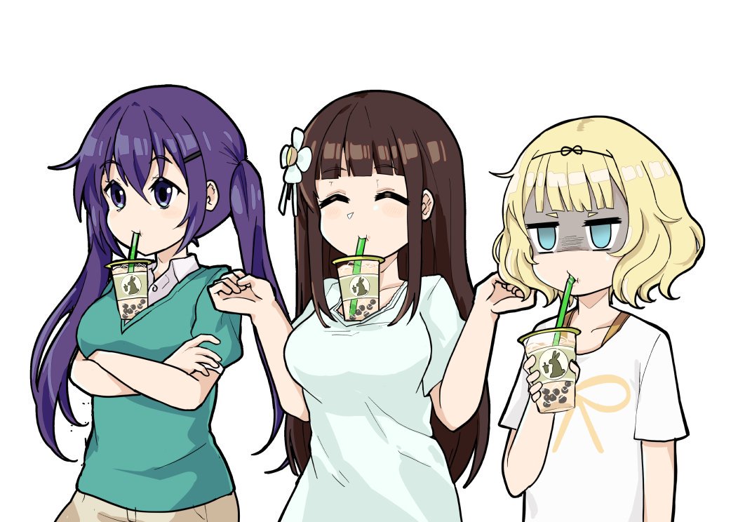 3girls blonde_hair blue_eyes blush breast_hold breasts brown_hair bubble_tea_challenge commentary_request drink eyebrows_visible_through_hair flat_chest flower gochuumon_wa_usagi_desu_ka? hair_between_eyes hair_flower hair_ornament hairband hairclip kirima_sharo long_hair multiple_girls purple_eyes purple_hair shaded_face shirt short_hair sleepyowl_(jobkung15) smile tedeza_rize twintails ujimatsu_chiya