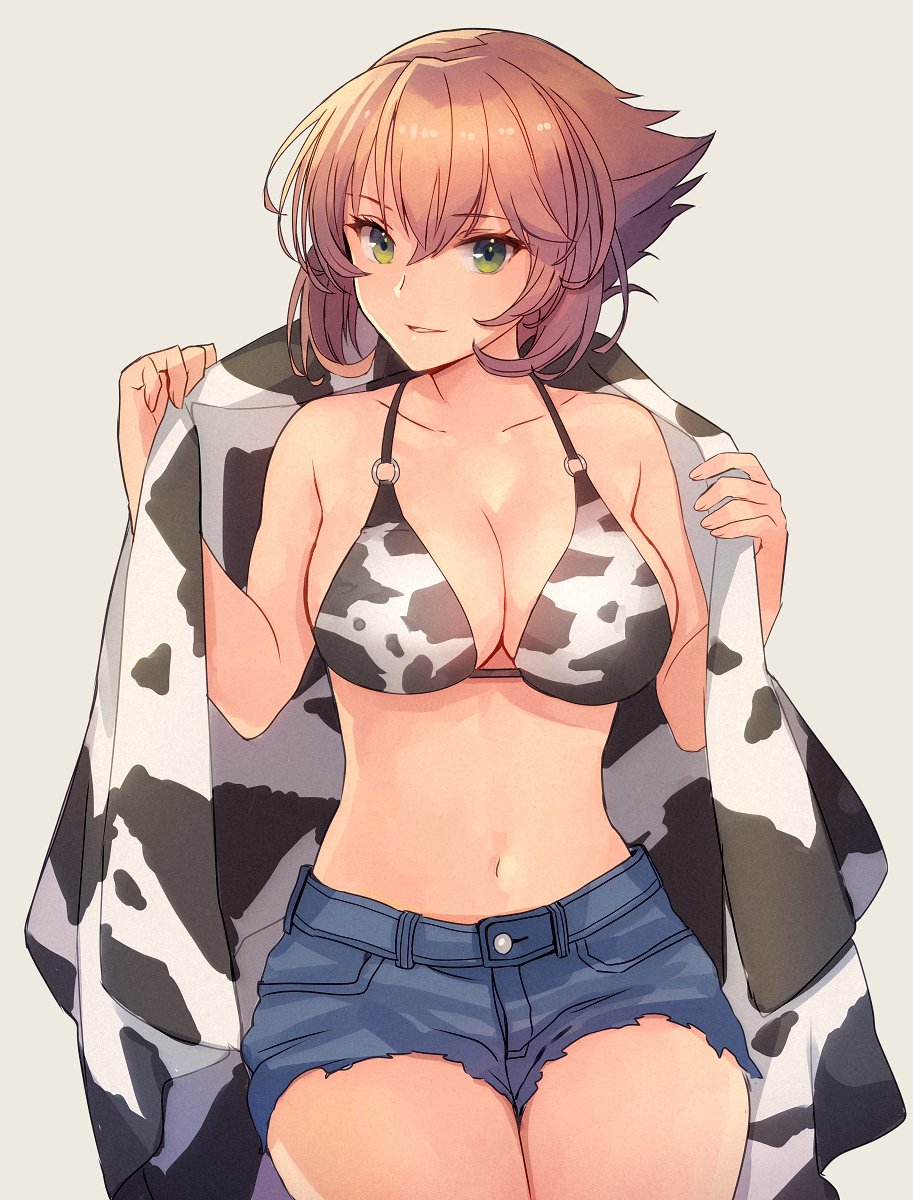 1girl animal_print beige_background bikini blue_shorts breasts brown_hair cleavage collarbone cow_print cowboy_shot denim denim_shorts eyebrows_visible_through_hair green_eyes hair_between_eyes highres kantai_collection kasumi_(skchkko) large_breasts mutsu_(kantai_collection) navel short_hair shorts simple_background solo swimsuit white_bikini