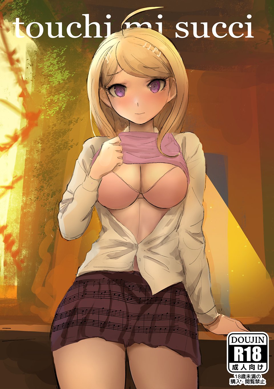 1girl ahoge akamatsu_kaede bangs blonde_hair blush bra breasts cleavage commentary cover cover_page danganronpa_(series) danganronpa_v3:_killing_harmony doujin_cover english_commentary eyebrows_visible_through_hair grey_shirt hair_ornament highres indoors large_breasts lift lifted_by_self light_smile long_hair long_sleeves looking_at_viewer musical_note musical_note_hair_ornament partially_unbuttoned pink_bra pleated_skirt purple_eyes qosic school_uniform shirt shirt_lift sitting sketch skirt smile solo standing sweater_vest underwear white_shirt