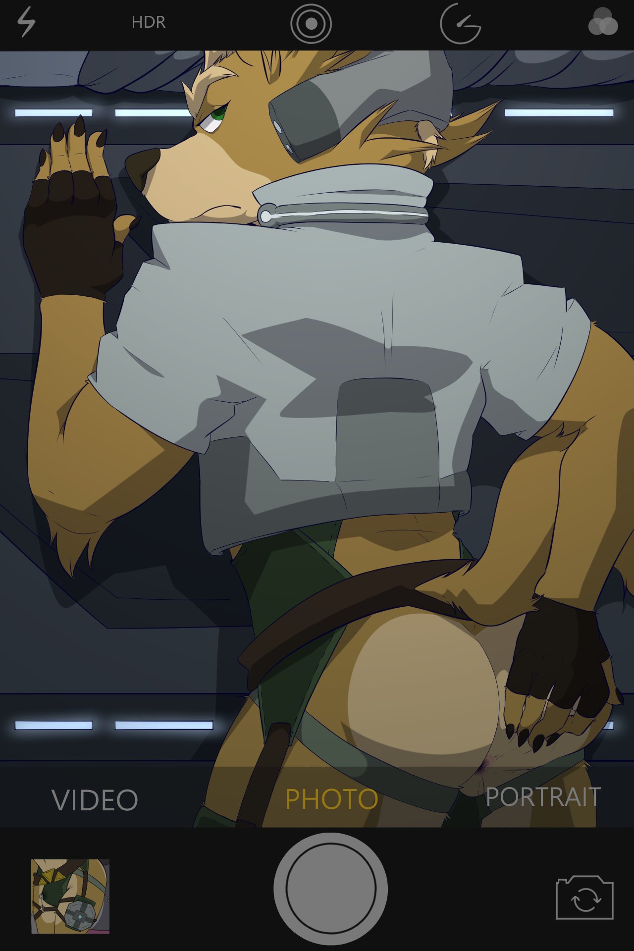 2:3 angry anthro anus armor being_photographed bulge butt canid canine clothed clothing english_text fingerless_gloves fox fox_mccloud gloves green_eyes handwear hi_res jacket jockstrap looking_back male mammal marcofox nintendo skimpy spread_butt spreading star_fox text topwear unconvincing_armor underwear video_games