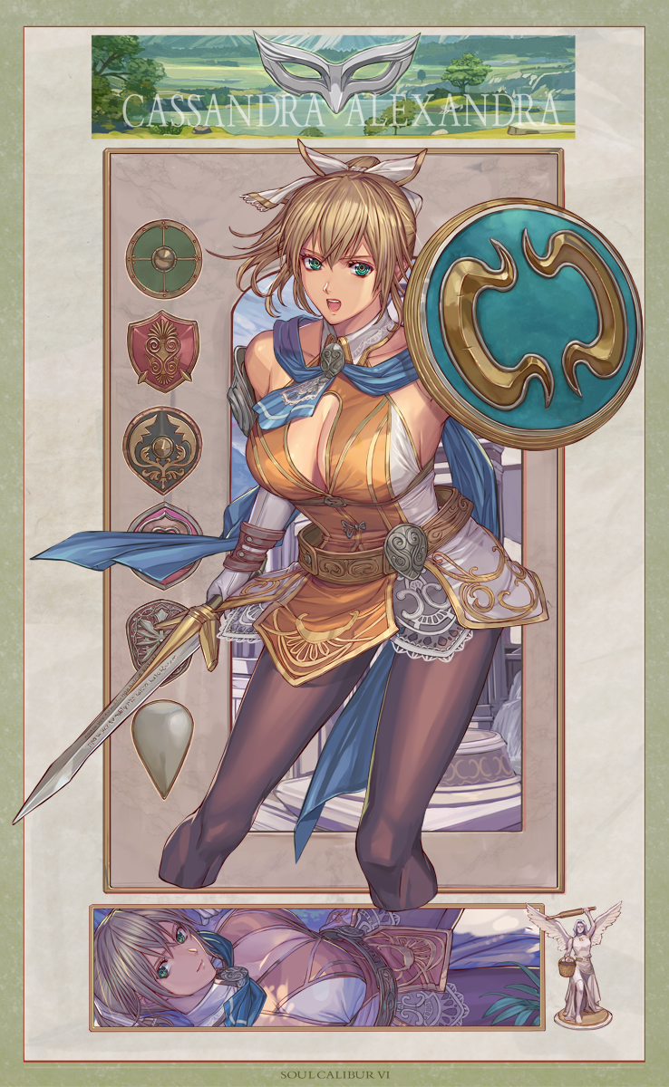 1girl arm_strap bangs bare_shoulders belt belt_buckle blonde_hair blue_eyes blue_scarf breasts brown_legwear buckle cassandra_alexandra character_name cleavage cleavage_cutout clothing_cutout commentary_request detached_collar dress hair_ribbon highres holding holding_shield holding_sword holding_weapon ibanen looking_at_viewer medium_breasts medium_hair multiple_views pantyhose ponytail ribbon scarf shield short_sword soulcalibur soulcalibur_vi sword weapon white_dress white_ribbon