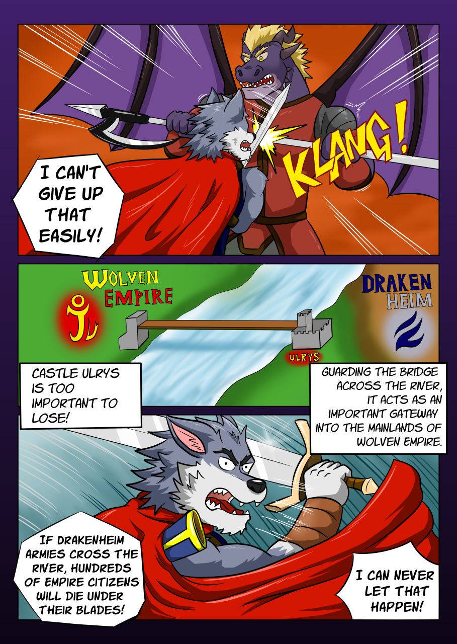 angry anthro armor attack axe battle_axe blocking blonde_hair bracers bridge canid canine canis cape castle clothing comic determined dragon duo english_text fight fur gervic_(vju79) glistening glistening_weapon grey_body grey_fur hair hi_res horn male mammal map medieval melee_weapon membrane_(anatomy) membranous_wings muscular muscular_male onomatopoeia purple_body purple_scales red_armor river scabbard scales scalie simple_background sound_effects swinging_sword sword text topwear vest vju79 vlagg_(vju79) weapon wings wolf