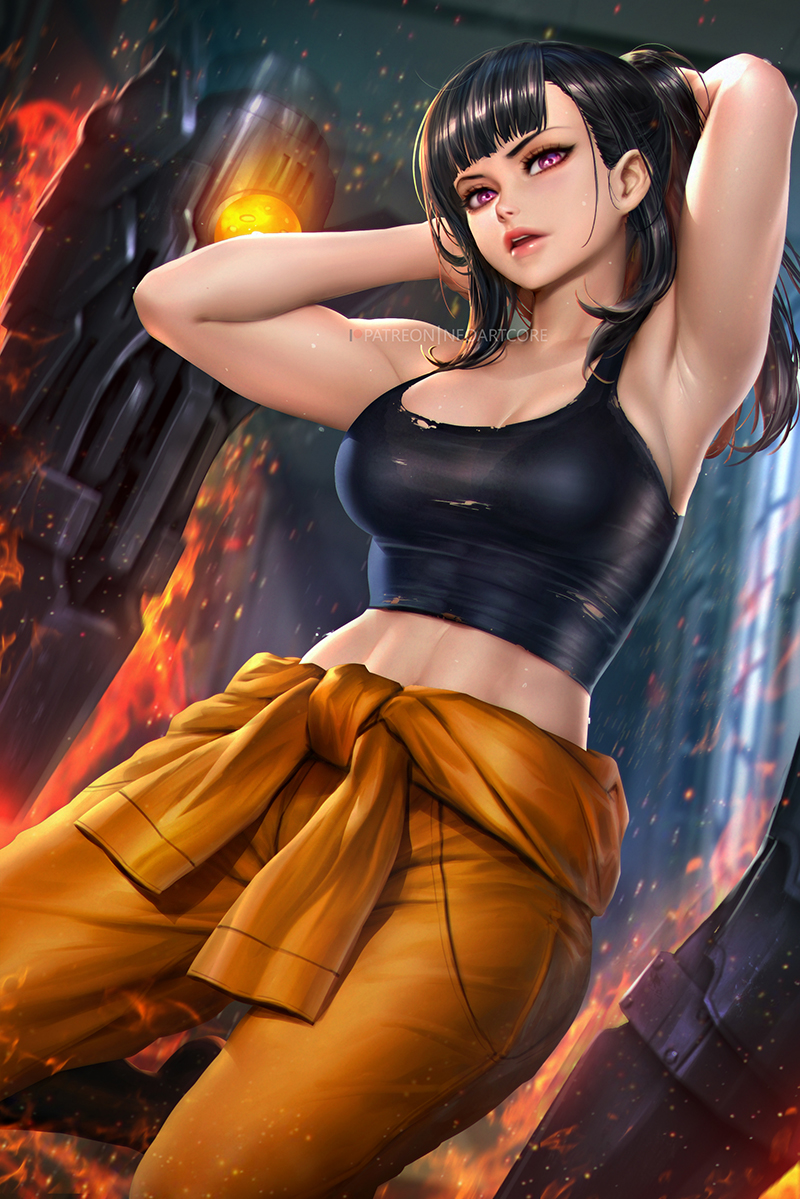 1girl armpits arms_behind_head arms_up artist_name bangs black_hair black_shirt blunt_bangs breasts clothes_around_waist crop_top en'en_no_shouboutai fire large_breasts long_hair looking_at_viewer maki_oze midriff neoartcore open_mouth pants patreon_username ponytail purple_eyes shirt shirt_around_waist sleeveless sleeveless_shirt solo tank_top torn_clothes upper_teeth watermark web_address yellow_pants