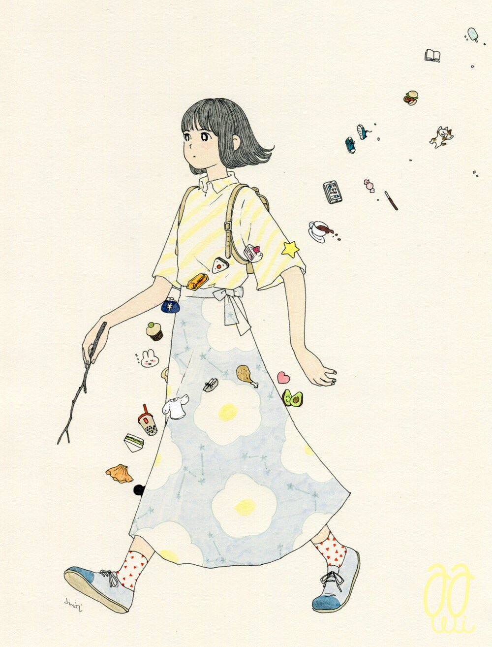 1girl avocado awai880 bangs black_eyes black_hair blue_footwear blunt_bangs book bright_pupils constellation cup floral_print food full_body hamburger heart highres open_book original plate polka_dot polka_dot_legwear print_skirt sandwich shirt shoes short_hair signature skirt socks solo star_(symbol) stick strawberry_shortcake walking white_pupils yellow_shirt