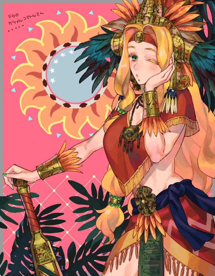1girl blonde_hair blush bracelet chin_piercing fate/grand_order fate_(series) gold_trim green_eyes green_nails hair_ornament hair_scrunchie hand_on_own_face headband headdress holding holding_weapon jewelry long_hair looking_at_viewer macuahuitl nail_polish one_eye_closed piercing poncho quetzalcoatl_(fate/grand_order) red_skirt scrunchie skirt solo user_eyum4888 weapon