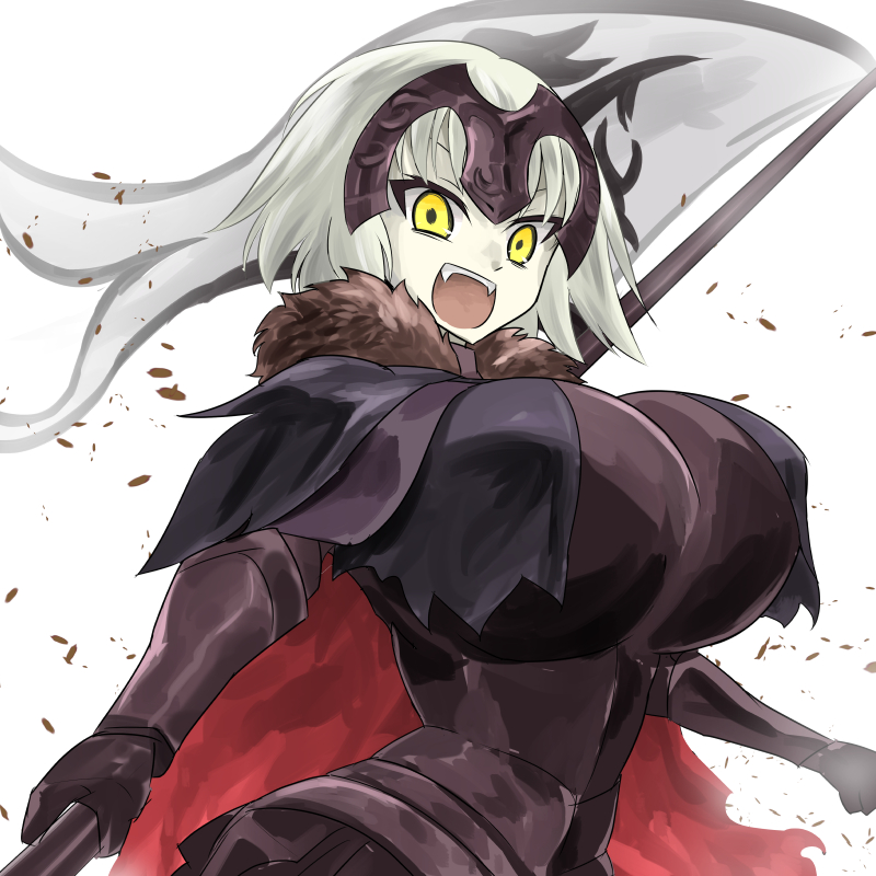 1girl bangs breasts fate/grand_order fate_(series) flag fur_trim grey_hair headpiece huge_breasts jeanne_d'arc_(alter)_(fate) jeanne_d'arc_(fate)_(all) open_mouth oro_(zetsubou_girl) short_hair simple_background smile solo upper_body white_background yellow_eyes