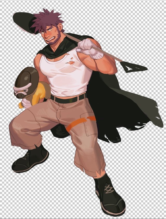 1boy atcesolcyc bara bare_shoulders beard beige_pants belt black_cloak black_footwear bulge cape character_request cloak copyright_request facial_hair full_body male_focus midriff_peek muscular muscular_male open_mouth pectorals purple_eyes purple_hair shirt short_hair shovel solo spread_legs tank_top thick_thighs thighs torn_cape torn_clothes torn_shirt white_tank_top