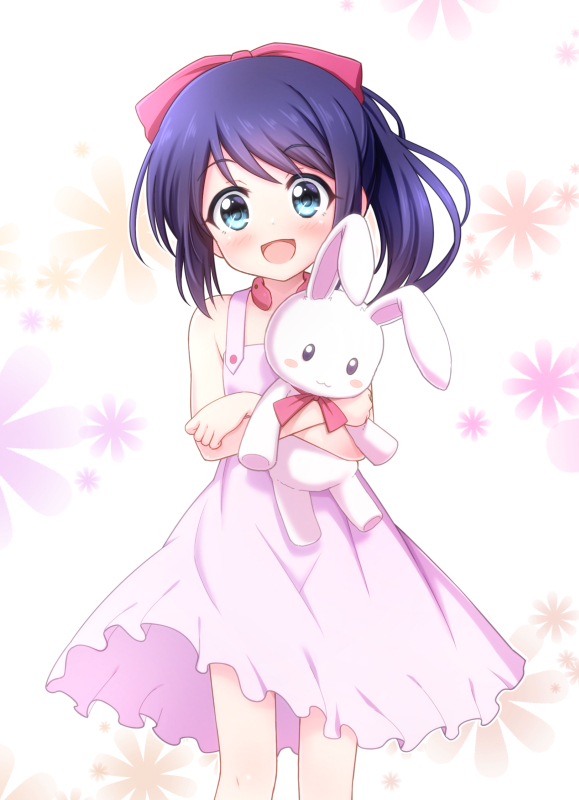 1girl :d accel_world ayase_midori bangs bare_arms bare_shoulders blue_eyes blush bow commentary_request dress eyebrows_visible_through_hair floral_background hair_bow itosu_mana long_hair looking_at_viewer object_hug open_mouth pink_dress ponytail purple_hair red_bow sleeveless sleeveless_dress smile solo stuffed_animal stuffed_bunny stuffed_toy white_background
