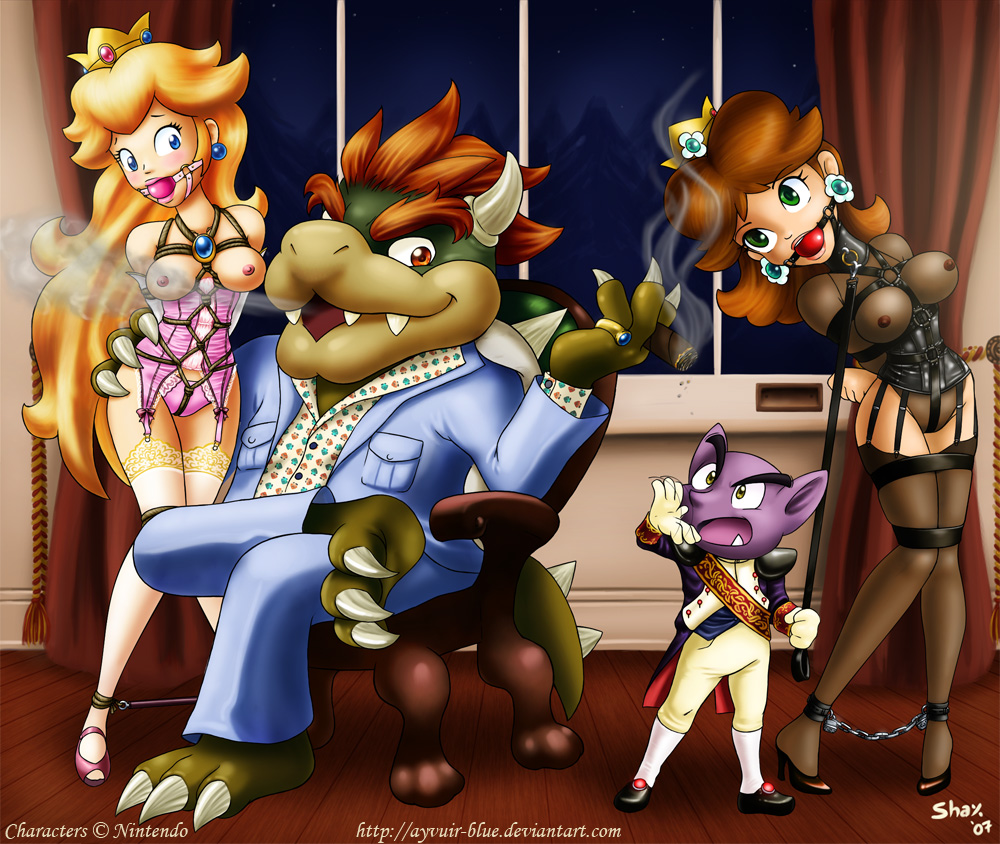 2boys 2girls artist_name ball_gag bdsm blue_eyes bondage bound bowser breasts cigar commentary dated gag gagged green_eyes mario_(series) medium_breasts multiple_boys multiple_girls panties pimp princess_daisy princess_peach shax shibari smoking super_mario_bros. tatanga thighhighs underwear watermark web_address