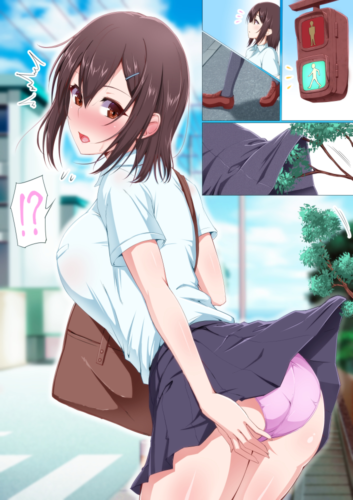 !? /\/\/\ 1girl accidental_exposure arima_kouichi ass bag black_legwear black_skirt blurry blurry_background blush branch breasts brown_hair comic day hair_ornament hairclip large_breasts loafers looking_back miniskirt multiple_views nose_blush open_mouth original outdoors panties pink_panties pleated_skirt red_eyes school_bag school_uniform shirt shoes short_hair short_sleeves skirt skirt_lift speech_bubble town traffic_light underwear walking white_shirt