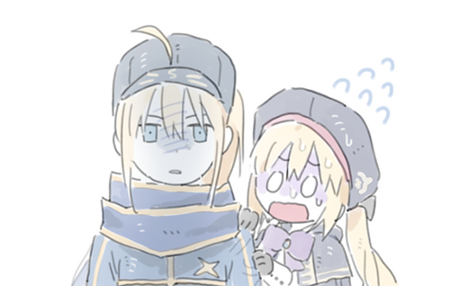 0_0 2girls ahoge artoria_pendragon_(all) artoria_pendragon_(caster) bangs baseball_cap beret blank_eyes blonde_hair blue_eyes cczyjs close-up clothes_grab fate/grand_order fate_(series) flying_sweatdrops hat lowres multiple_girls mysterious_heroine_x panicking rectangular_mouth ribbon scarf shaded_face simple_background sweat white_background