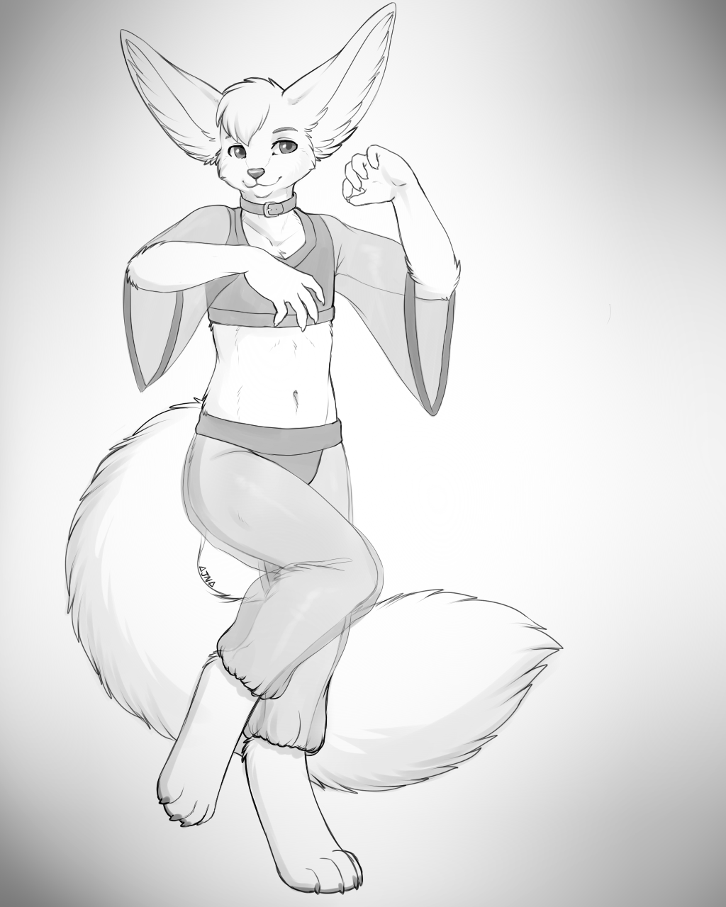 4:5 ajna anthro beartp big_ears canid canine claws clothing collar digitigrade fennec fox fur harem_outfit hi_res long_tail male mammal monochrome on_one_leg sketch smile solo standing translucent translucent_clothing