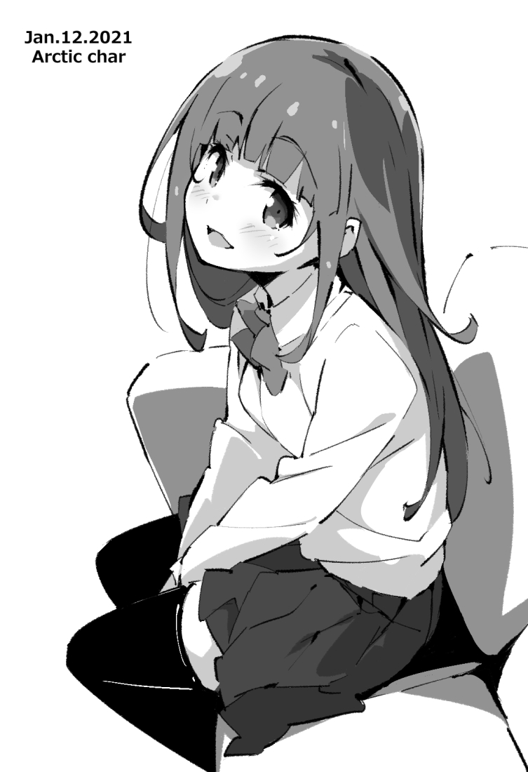 1girl :d artist_name between_legs blush bow bowtie collared_shirt couch dated from_side greyscale hand_between_legs long_hair long_sleeves looking_at_viewer looking_to_the_side miniskirt monochrome open_mouth original pleated_skirt school_uniform shirt simple_background sitting skirt smile solo tabata_hisayuki thighhighs white_background wing_collar