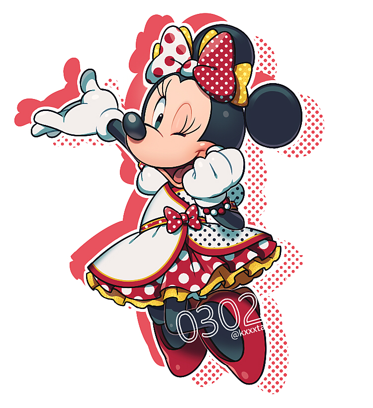 2020 4_fingers accessory anthro clothing disney dress female fingers footwear gloves hair_accessory hair_bow hair_ribbon handwear kxxxta mammal minnie_mouse mouse murid murine one_eye_closed open_mouth open_smile ribbons rodent signature smile solo tongue wink