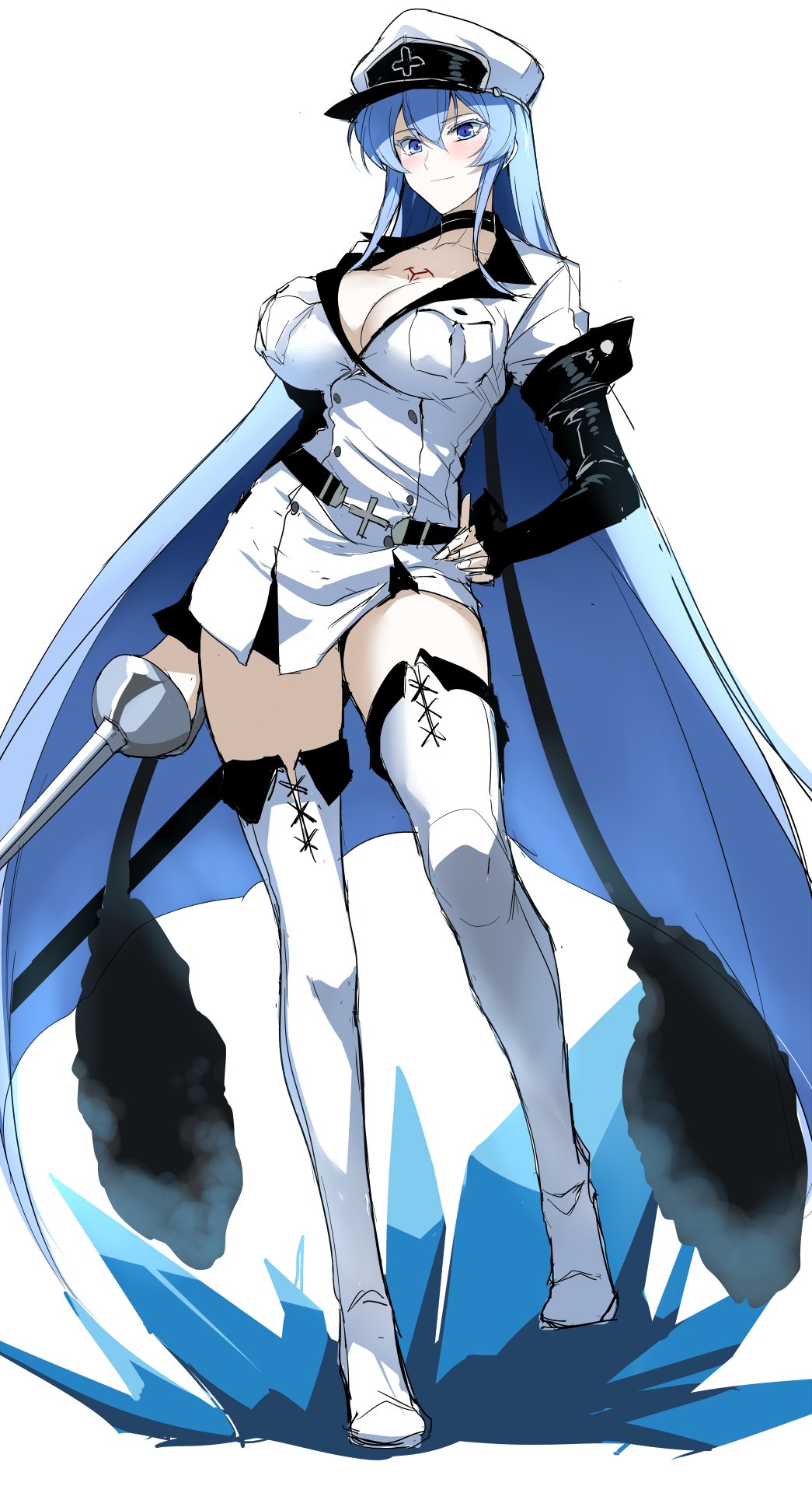 1girl akame_ga_kill! belt black_belt black_choker black_gloves blue_cape blue_eyes blush body_markings boots breasts cape choker cleavage closed_mouth contrapposto elbow_gloves esdeath eyebrows_visible_through_hair fingerless_gloves gloves hair_between_eyes halcon hand_on_hip hat highres holding holding_sword holding_weapon ice iron_cross jacket large_breasts light_blue_hair light_smile long_hair looking_at_viewer military military_hat military_uniform peaked_cap rapier simple_background smile solo straight_hair sword thigh_boots thighhighs thighs uniform weapon white_background white_footwear white_headwear white_jacket white_legwear zettai_ryouiki