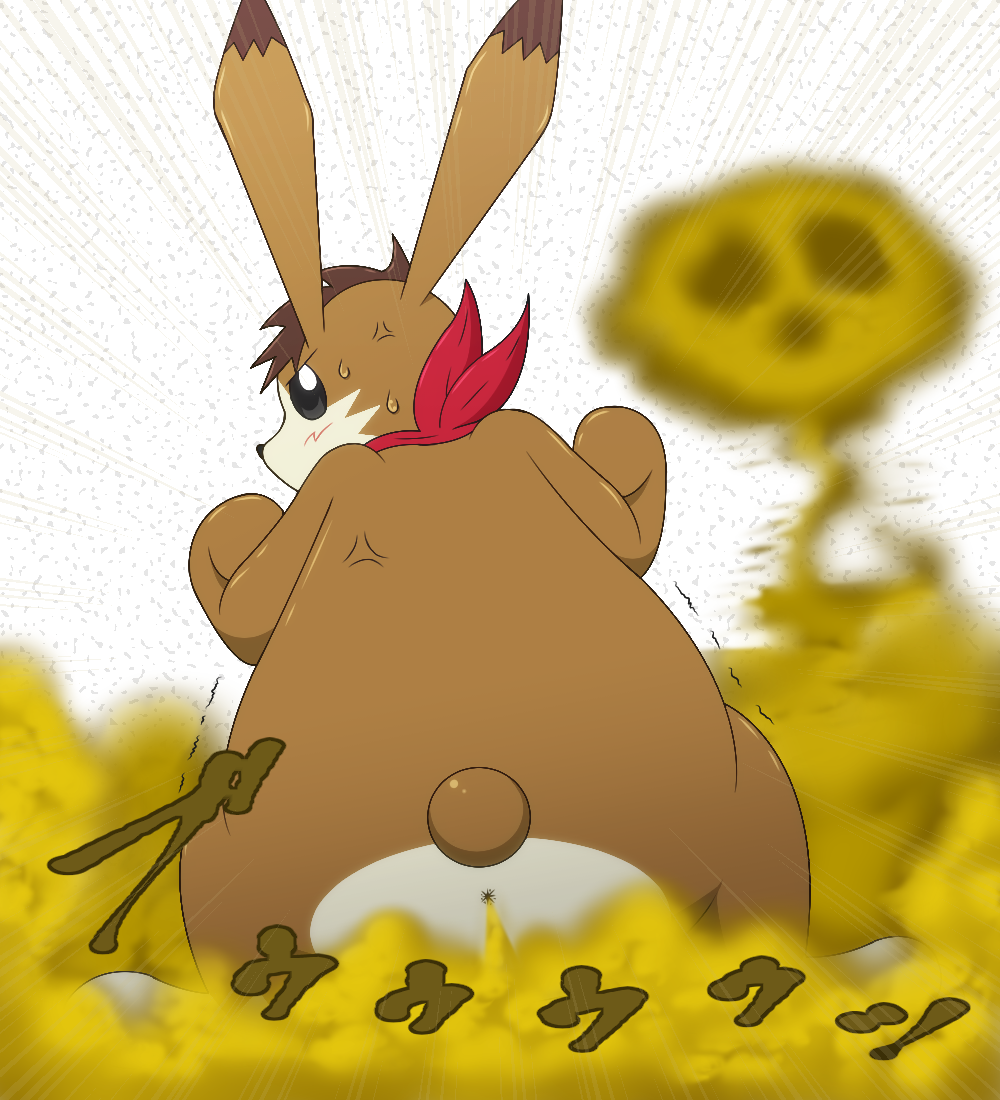 bodily_fluids brown_body brown_fur butt fard fart fart_cloud fur gas hare hare_(monster_rancher) lagomorph leporid looking_back male mammal rear_view red_scarf scarf simple_background slightly_chubby slightly_chubby_male sweat white_background white_body white_fur