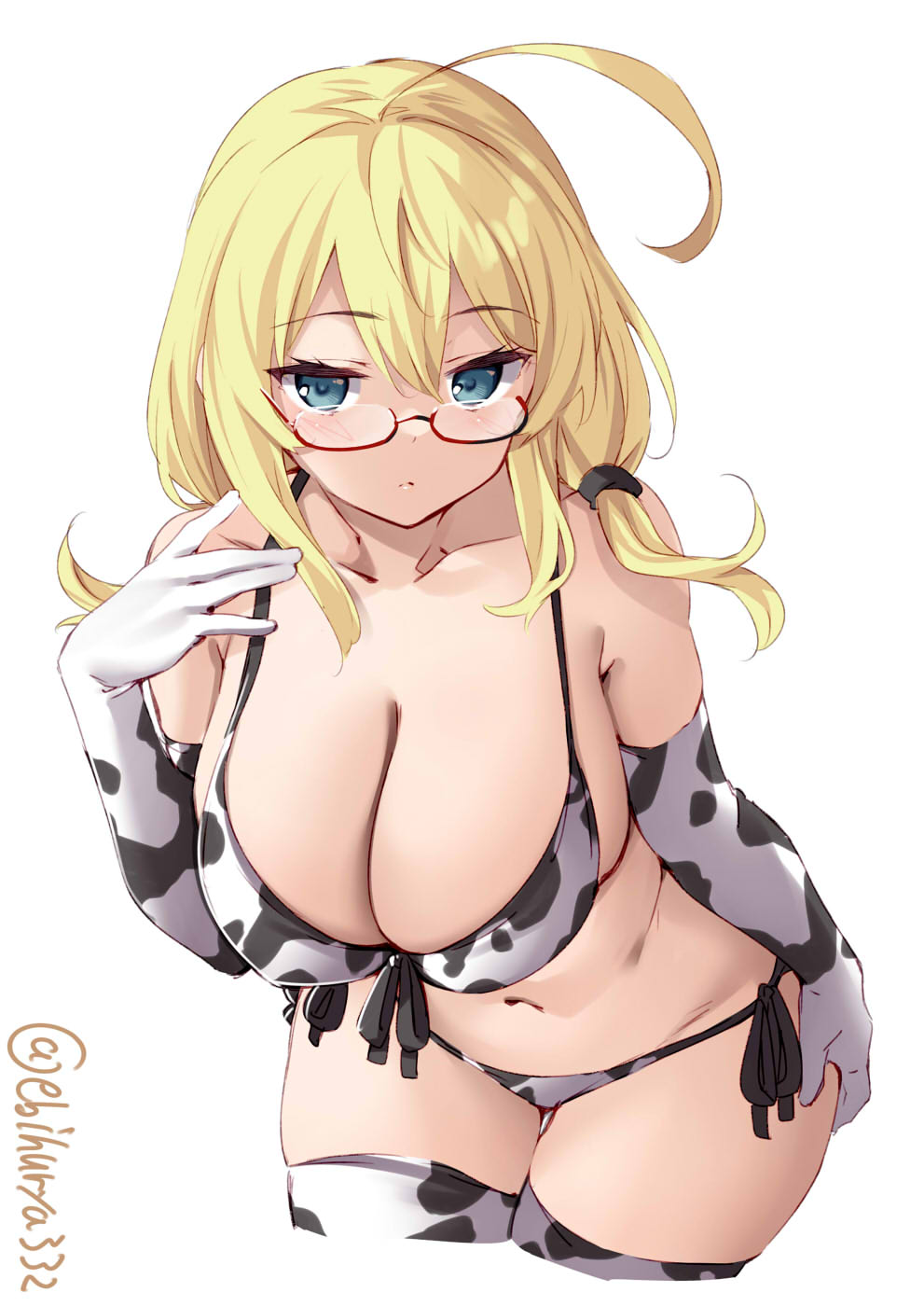1girl ahoge animal_print bikini blonde_hair blue_eyes blush breasts cleavage closed_mouth collarbone cow_print cropped_legs ebifurya elbow_gloves expressionless eyebrows_visible_through_hair glasses gloves groin hair_between_eyes hand_on_own_ass highres i-8_(kantai_collection) kantai_collection large_breasts long_hair looking_at_viewer low_twintails navel plump red-framed_eyewear round_eyewear semi-rimless_eyewear simple_background solo swimsuit thighhighs twintails twitter_username under-rim_eyewear white_background white_bikini white_gloves white_legwear