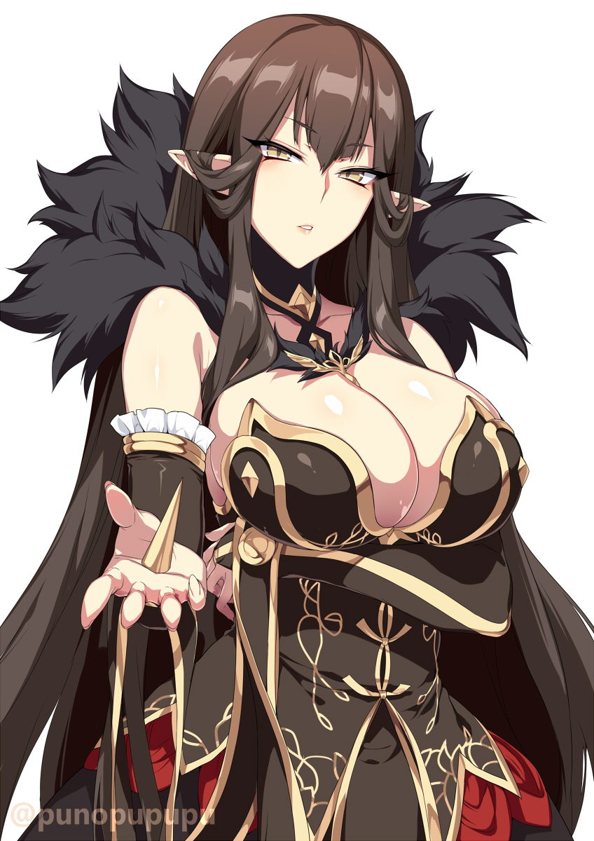 1girl bangs bare_shoulders black_dress blush breasts brown_eyes brown_hair cleavage dress fate/apocrypha fate/grand_order fate_(series) feather_trim fur_trim highres large_breasts long_hair looking_at_viewer outstretched_arm parted_lips pointy_ears semiramis_(fate) sidelocks simple_background slit_pupils spikes very_long_hair white_background zeroshiki_kouichi