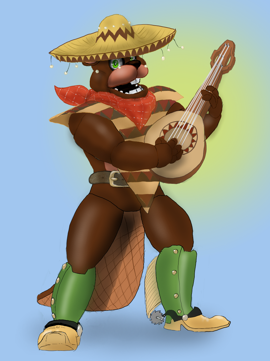 2021 3:4 4_fingers animatronic anthro ascot beaver beaver_tail belt big_tail blue_background boots brown_body brown_ears brown_nose brown_tail buckteeth clothing comicgameronreddit cowboy_boots el_chip_(fnaf) fan_character featureless_crotch fingers five_nights_at_freddy's footwear glamrock_el_chip_(fnaf) green_background green_eyes hat headgear headwear hi_res looking_at_viewer lute machine male mammal mandolin mexican multicolored_body multicolored_ears multicolored_tail musical_instrument open_mouth plucked_string_instrument poncho robot rodent simple_background solo sombrero spurs standing string_instrument tan_body tan_ears tan_tail teeth thick_tail thick_thighs video_games wide_tail