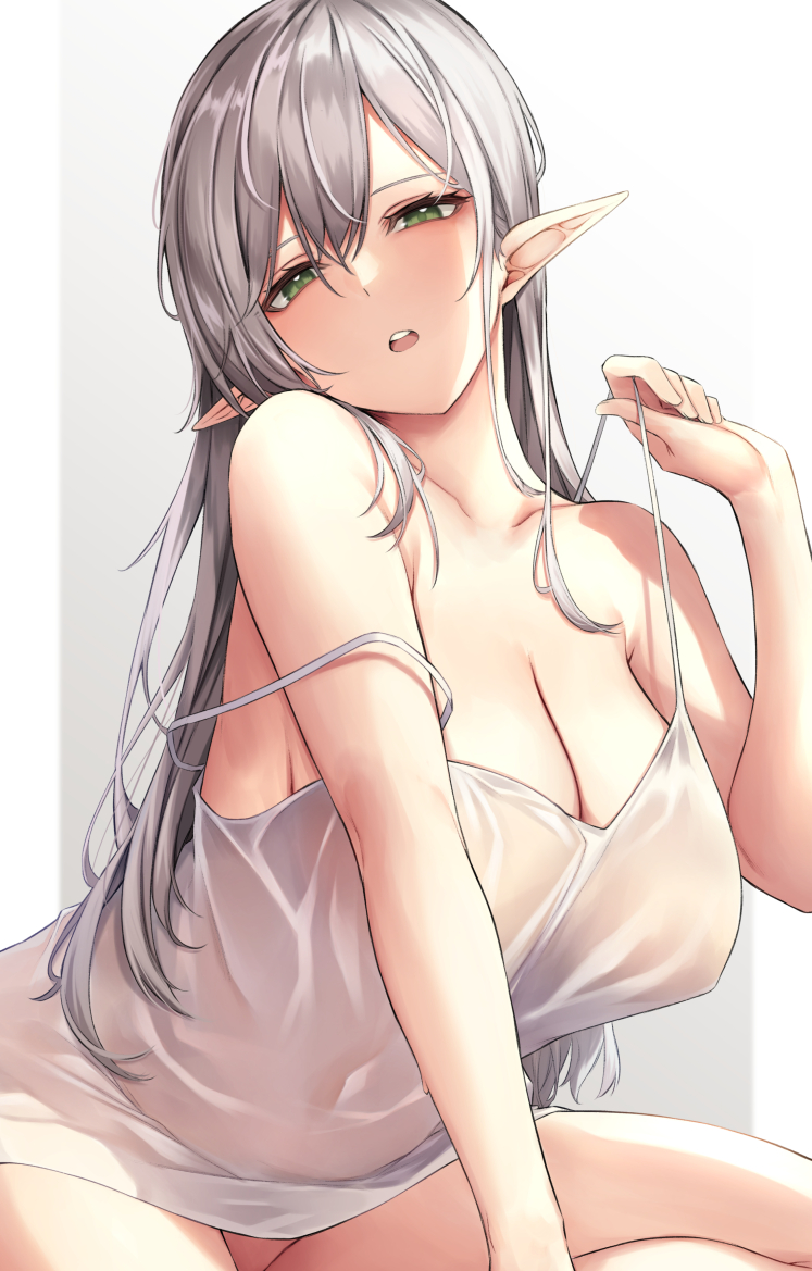 1girl anza_tomo bangs bare_shoulders blush breasts camisole cleavage collarbone elf green_eyes grey_hair large_breasts long_hair looking_at_viewer open_mouth original pointy_ears thighs white_camisole
