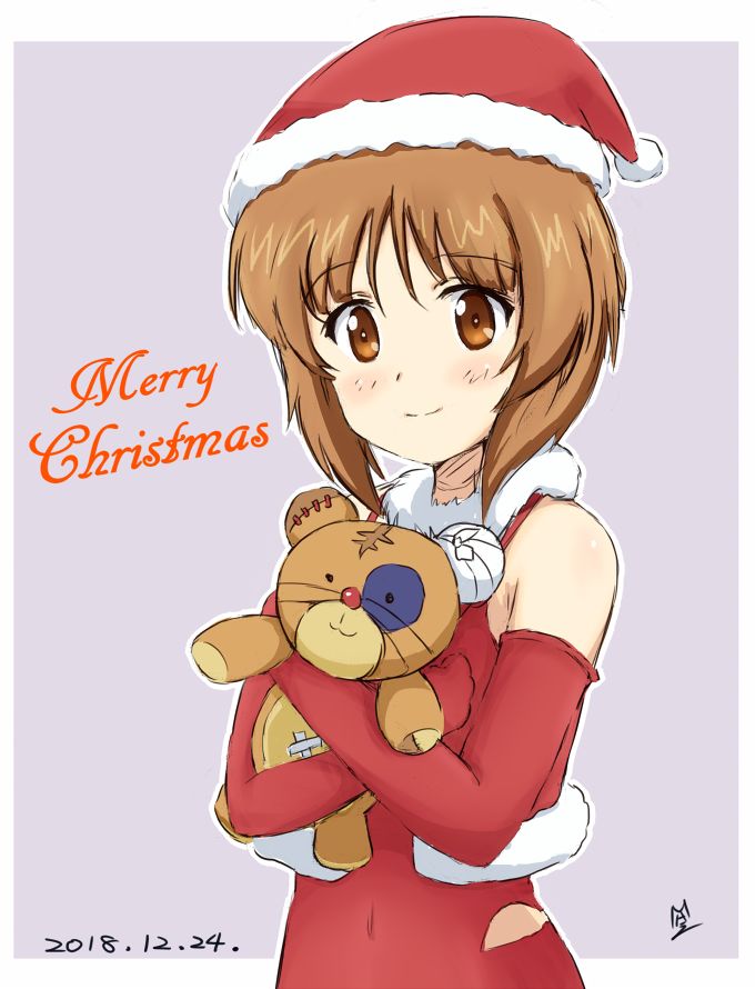 1girl artist_name bandaged_leg bandages bangs boko_(girls_und_panzer) brown_eyes brown_hair christmas closed_mouth commentary covered_navel dated dress elbow_gloves english_text eyebrows_visible_through_hair girls_und_panzer gloves grey_background halterneck hat holding holding_stuffed_toy looking_at_viewer ma-2_(konkon_kitakitsune) nishizumi_miho outline outside_border red_dress red_gloves santa_costume santa_hat short_hair signature simple_background sleeveless sleeveless_dress smile solo stuffed_animal stuffed_toy teddy_bear upper_body white_outline