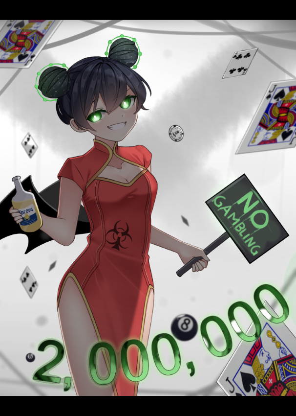1girl alcohol artist_request bare_arms black_border black_hair border bottle card china_dress chinese_clothes corona-chan corona_(brand) coronavirus coronavirus_pandemic double_bun dress drink english_text glowing glowing_eyes green_eyes grin holding holding_bottle holding_drink holding_sign looking_at_viewer number original playing_card red_dress short_hair sign smile solo source_request