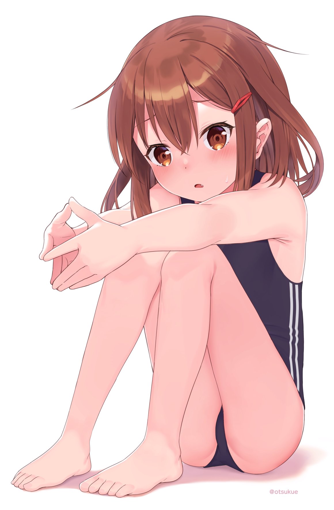 1girl ass barefoot black_swimsuit brown_eyes brown_hair dx_(dekusu) fang hair_between_eyes hair_ornament hairclip highres ikazuchi_(kantai_collection) kantai_collection one-piece_swimsuit open_mouth shadow short_hair simple_background solo swimsuit toes twitter_username white_background