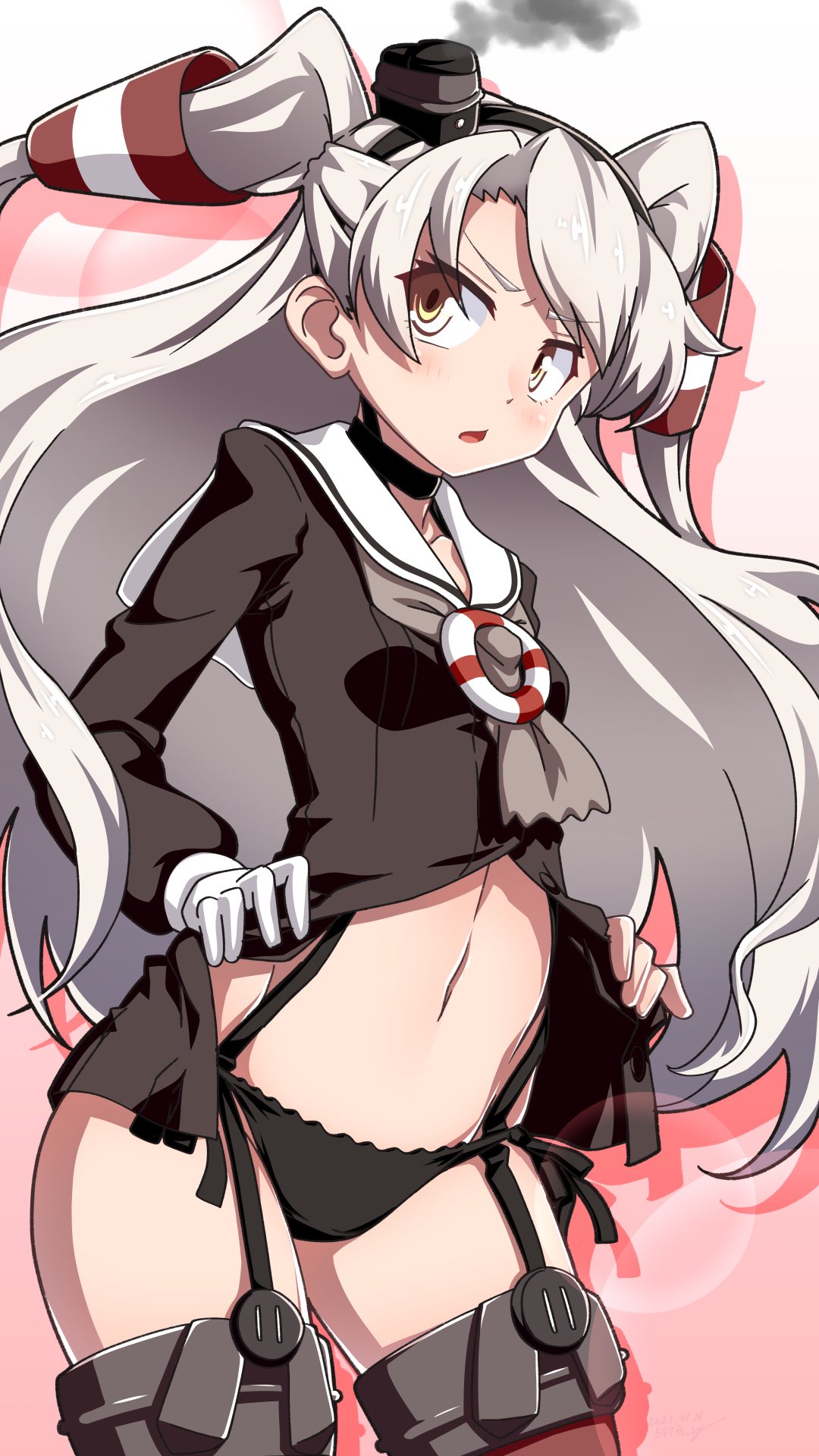 1girl 547th_sy amatsukaze_(kantai_collection) black_dress black_panties brown_eyes commentary_request dress dress_lift garter_straps gloves grey_neckwear hair_tubes hat highres kantai_collection lifebuoy_ornament long_hair looking_at_viewer mini_hat neckerchief open_clothes panties sailor_collar sailor_dress short_dress silver_hair single_glove smoke smokestack_hair_ornament solo thighhighs two_side_up underwear white_background white_gloves white_sailor_collar windsock