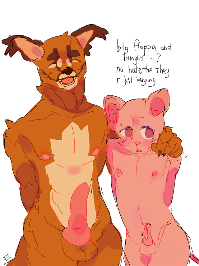 anthro balls big_floppa bingus caracal caracal_(genus) domestic_cat duo english_text eyes_closed felid feline felis genitals hairless hairless_cat knot male male/male mammal penis presenting presenting_penis size_difference sphynx_(cat) text unknown_artist