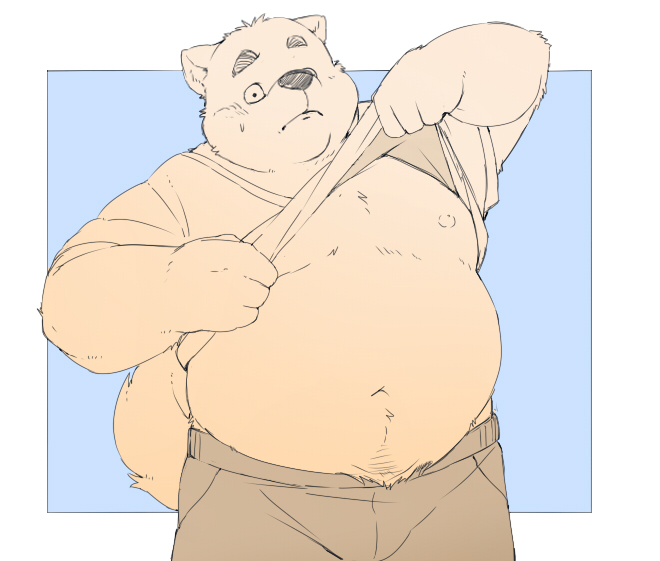 2021 anthro belly bodily_fluids bottomwear canid canine canis clothing domestic_dog humanoid_hands inunoshippo kemono male mammal moobs nipples overweight overweight_anthro overweight_male pants shirt solo sweat topwear
