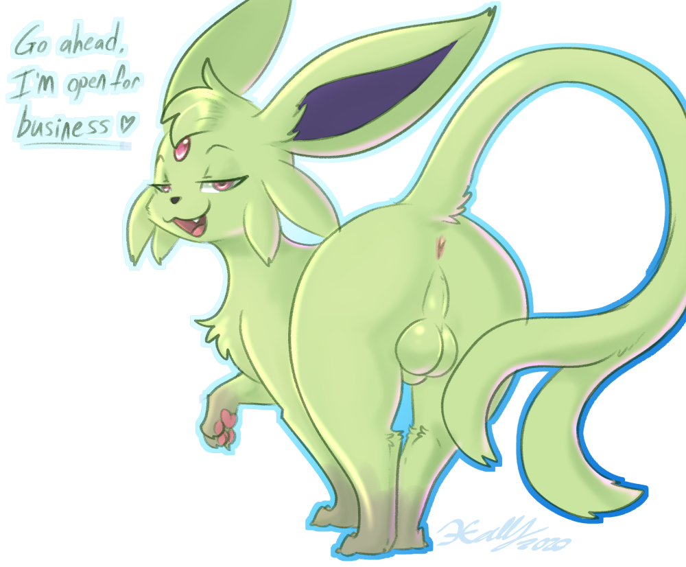 &lt;3 2020 alpha_channel animal_genitalia anus balls bedroom_eyes butt cheek_tuft claws cute_fangs digitigrade eeveelution english_text espeon facial_tuft feral finger_claws forked_tail fully_sheathed fur genitals green_body green_fur head_tuft inner_ear_fluff looking_at_viewer looking_back male narrowed_eyes nintendo pawpads pink_pawpads pok&eacute;mon pok&eacute;mon_(species) quadruped raised_tail rear_view seductive shaded sheath simple_background smile solo text toe_claws transparent_background tuft video_games xilrayne