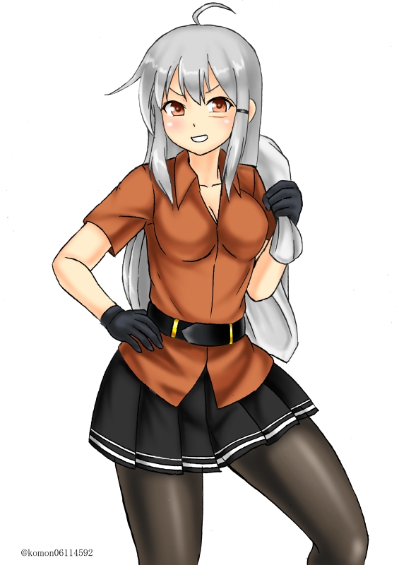 1girl ahoge black_gloves black_legwear black_skirt commentary_request gangut_(kantai_collection) gloves grey_hair grin hand_on_hip jacket jacket_removed kantai_collection kudou_(ooabareteng) long_hair orange_eyes pantyhose red_shirt scar scar_on_cheek scar_on_face shirt short_sleeves simple_background skirt smile solo white_background white_jacket