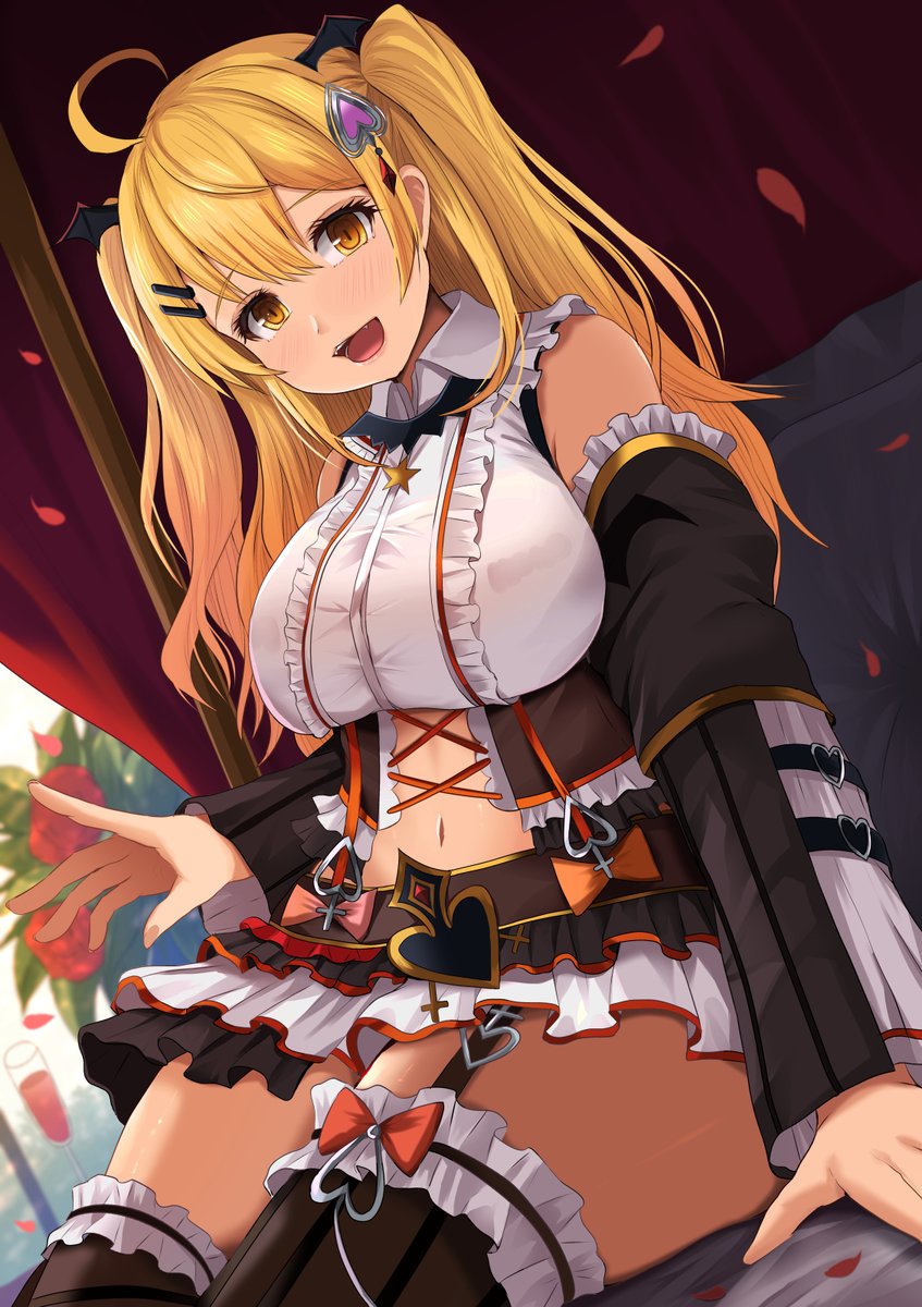 1girl ahoge alternate_costume bat_wings blonde_hair breasts collared_shirt detached_sleeves frilled_legwear frilled_skirt frills garter_straps highres hololive kanzaki_kureha looking_at_viewer midriff open_mouth shirt sitting skirt smile solo thighhighs wings yellow_eyes yozora_mel