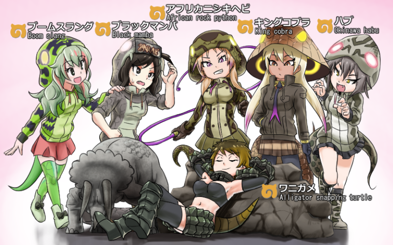 6+girls :d african_rock_python_(kemono_friends) alligator_snapping_turtle_(kemono_friends) arm_at_side armor armored_boots armpits arms_behind_head arms_up black_eyes black_hair black_mamba_(kemono_friends) black_tubetop blonde_hair boomslang_(kemono_friends) boots brown_eyes character_name claw_pose closed_eyes closed_mouth collared_jacket dark_skin dark_skinned_female drawstring elbow_gloves fang full_body gloves green_eyes green_hair grey_hair grin habu_(kemono_friends) haegiwa_gonbee hand_in_pocket hand_on_another's_shoulder high_collar holding holding_whip hood hood_up hooded_jacket jacket japari_symbol kemono_friends king_cobra_(kemono_friends) leaning_back long_hair long_sleeves looking_at_another microskirt midriff miniskirt multicolored_hair multiple_girls navel necktie open_mouth pleated_skirt pocket purple_eyes purple_hair red_hair short_hair short_sleeves shoulder_armor sitting skirt slit_pupils smile snake_tail standing statue stomach strapless tail thighhighs tsurime tubetop twintails two-tone_hair walking whip yellow_eyes zettai_ryouiki