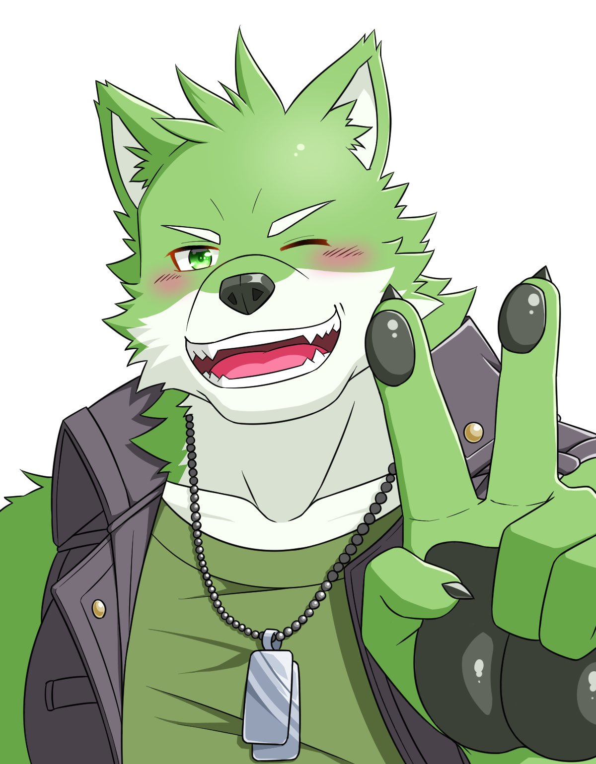 anthro blush canid canine canis clothing fur gesture green_body green_fur hi_res kootora live-a-hero male mammal muscular muscular_anthro muscular_male one_eye_closed solo topwear v_sign vest wink wolf wolf_villain_(live-a-hero)