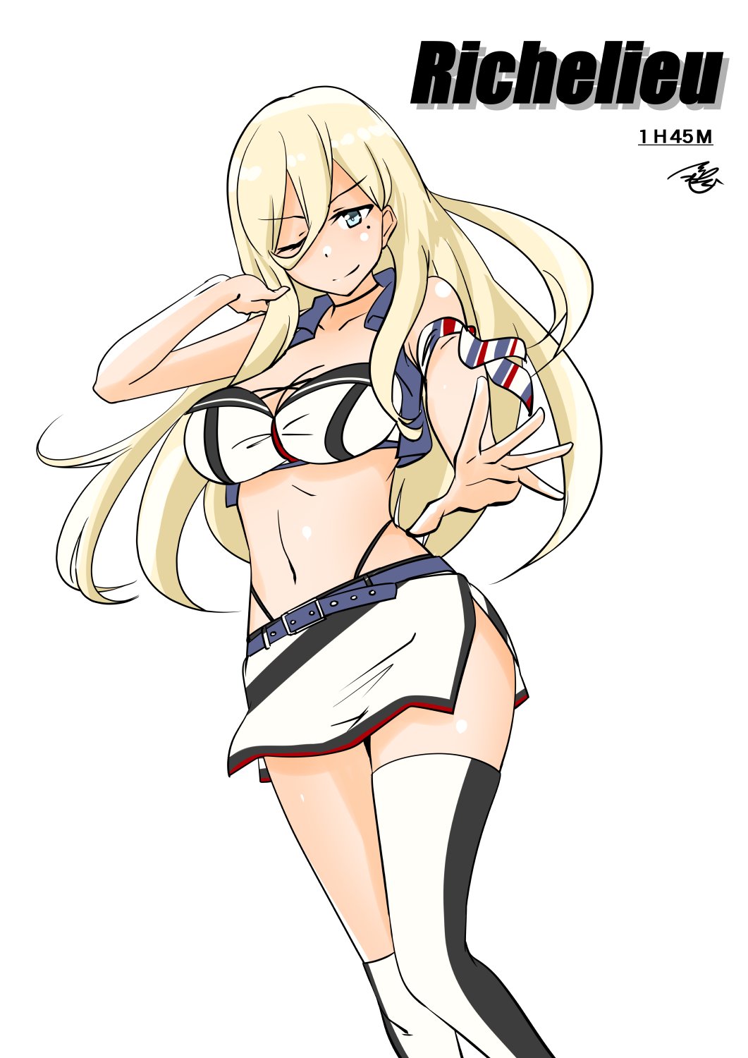 belt blonde_hair blue_eyes character_name french_flag hair_between_eyes highleg highleg_panties highres kantai_collection long_hair midriff mismatched_legwear mole mole_under_eye multicolored multicolored_clothes multicolored_scarf one_eye_closed panties richelieu_(kantai_collection) scarf smile thighhighs tsukino_murakumo two-tone_legwear underwear white_background