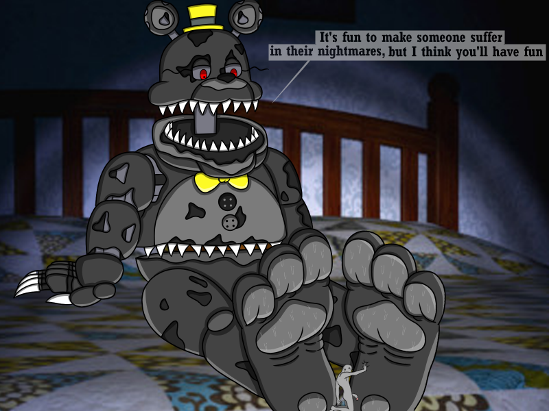 2018 3_toes 4:3 5_fingers ambiguous_gender animatronic anonymous anthro bald barefoot bed bed_covers bedding bedroom big_feet black_body black_ears black_feet black_nose bodily_fluids bow_tie claws clothing cum cum_on_penis dialogue dialogue_box duo english_text eyes_closed faceless_character faceless_male feet fingers five_nights_at_freddy's five_nights_at_freddy's_4 flaccid foot_fetish foot_focus furniture genital_fluids genitals grey_body grey_ears grey_feet grey_penis grey_sclera grey_skin half-closed_eyes hand_on_feet hand_on_foot hat headgear headwear humanoid humanoid_genitalia humanoid_on_anthro humanoid_penis inside looking_down machine male male/ambiguous male/male mammal micro multicolored_body multicolored_ears multicolored_feet narrowed_eyes nightmare_(fnaf) nude on_bed open_mouth pawpads paws penis precum raised_arm red_eyes robot sharp_claws sharp_teeth sitting size_difference smashcuenta123 stomach_mouth sweat sweaty_feet teeth text toes top_hat torn_body ursid video_games wire