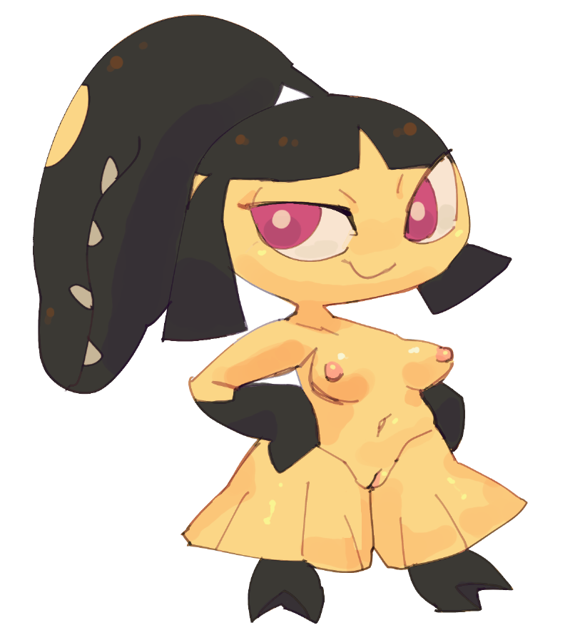biped black_body black_hair breasts digital_media_(artwork) female front_view full-length_portrait genitals hair hair_mouth half-closed_eyes hands_on_hips humanoid mawile medium_breasts monstrous_humanoid multicolored_body narrowed_eyes navel nintendo nipples not_furry nude pink_nipples pok&eacute;mon pok&eacute;mon_(species) portrait pose pseudo_clothing pussy red_eyes short_stack simple_background smile smug solo star-rod teeth two_tone_body video_games white_background yellow_body