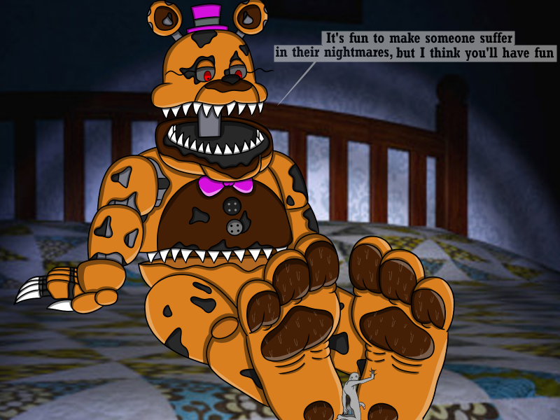 2018 3_toes 4:3 5_fingers ambiguous_gender animatronic anonymous anthro bald barefoot bed bed_covers bedding bedroom big_feet black_nose bodily_fluids bow_tie brown_body brown_ears brown_feet claws clothing cum cum_on_penis dialogue dialogue_box duo english_text eyes_closed faceless_character faceless_male feet fingers five_nights_at_freddy's five_nights_at_freddy's_4 flaccid foot_fetish foot_focus furniture genital_fluids genitals grey_body grey_penis grey_sclera grey_skin half-closed_eyes hand_on_feet hand_on_foot hat headgear headwear humanoid humanoid_genitalia humanoid_on_anthro humanoid_penis inside looking_down machine male male/ambiguous male/male mammal micro multicolored_body multicolored_ears multicolored_feet narrowed_eyes nightmare_fredbear_(fnaf) nude on_bed open_mouth orange_body orange_ears orange_feet pawpads paws penis precum raised_arm red_eyes robot sharp_claws sharp_teeth sitting size_difference smashcuenta123 stomach_mouth sweat sweaty_feet teeth text toes top_hat torn_body ursid video_games wire