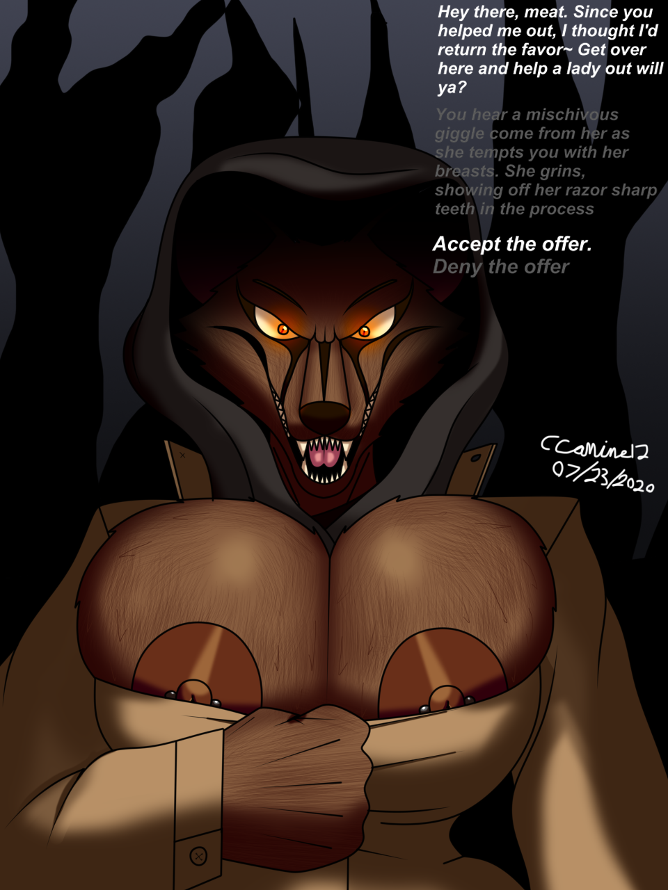 3:4 anthro areola areola_slip big_breasts breasts brown_body brown_fur canid canine canis cleavage clothed clothing cobalt_canine dialogue english_text female fur hi_res huge_breasts mammal nipple_slip sharp_teeth solo teeth text wolf