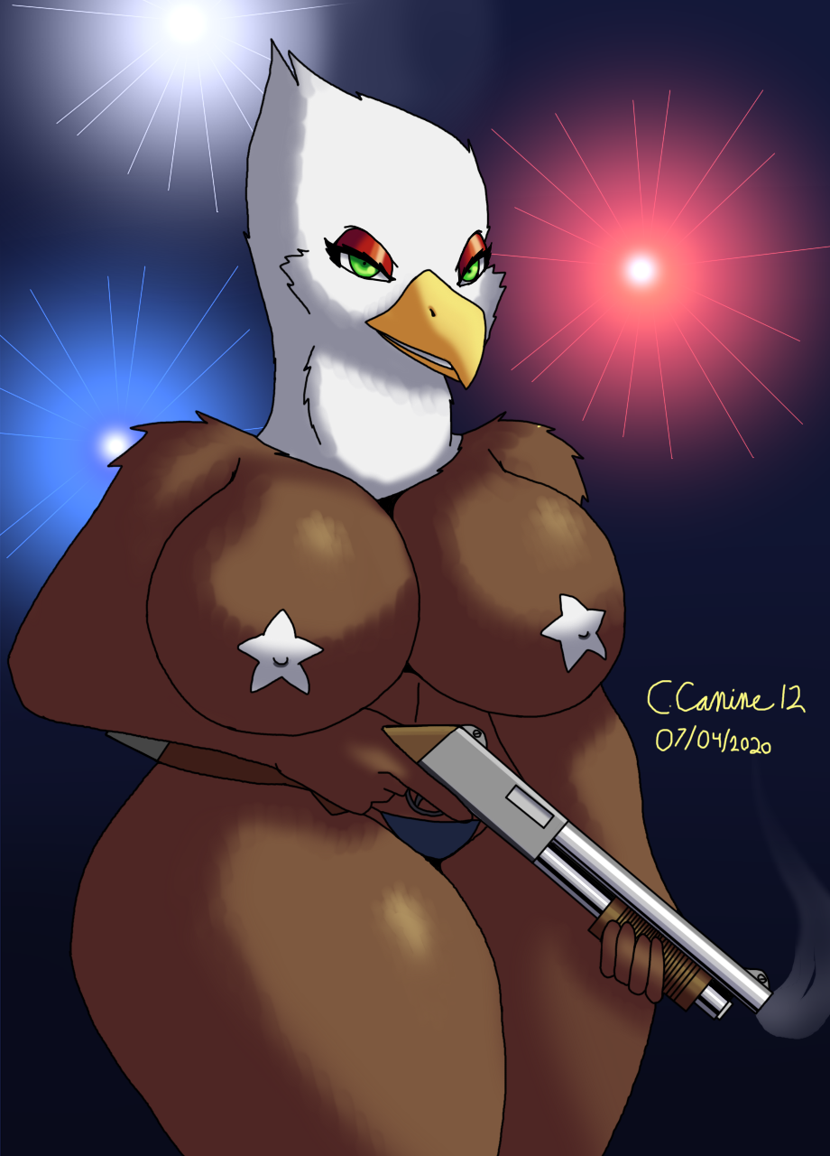 accipitrid accipitriform american_eagle anthro avian bald_eagle bird clothing cobalt_canine eagle female fireworks gun hi_res holding_gun holding_object holding_weapon nipple_outline panties pasties ranged_weapon sea_eagle shotgun solo thick_thighs underwear weapon