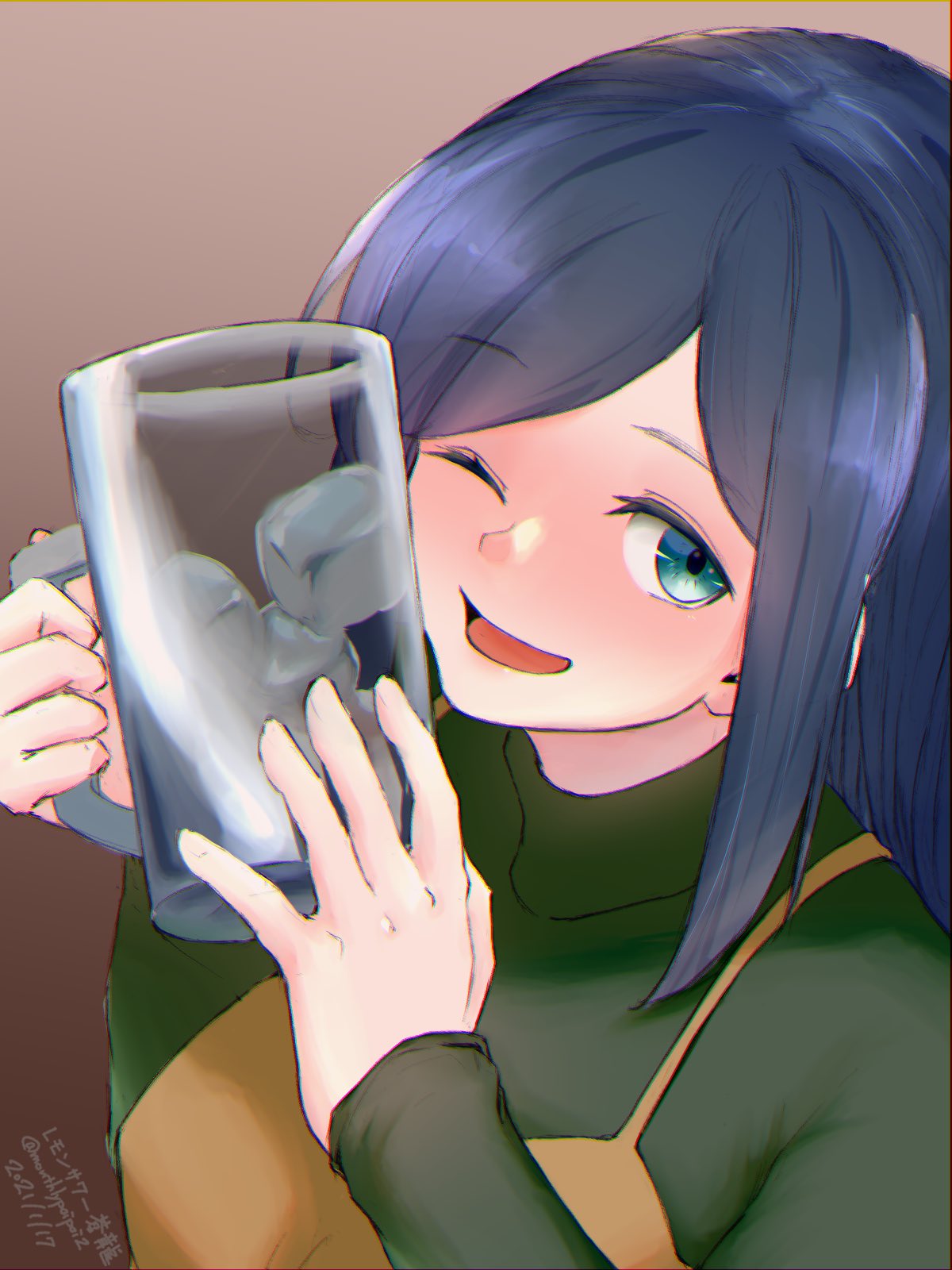 1girl ;d aqua_eyes beer_mug beige_dress blue_hair blush breasts brown_background character_name cheek_press cup dated drunk gradient gradient_background green_sweater highres holding holding_cup ice ice_cube kantai_collection large_breasts long_hair looking_at_viewer mug nose_blush official_alternate_costume one_eye_closed open_mouth smile solo souryuu_(kantai_collection) sweater turtleneck twitter_username umibudou upper_body