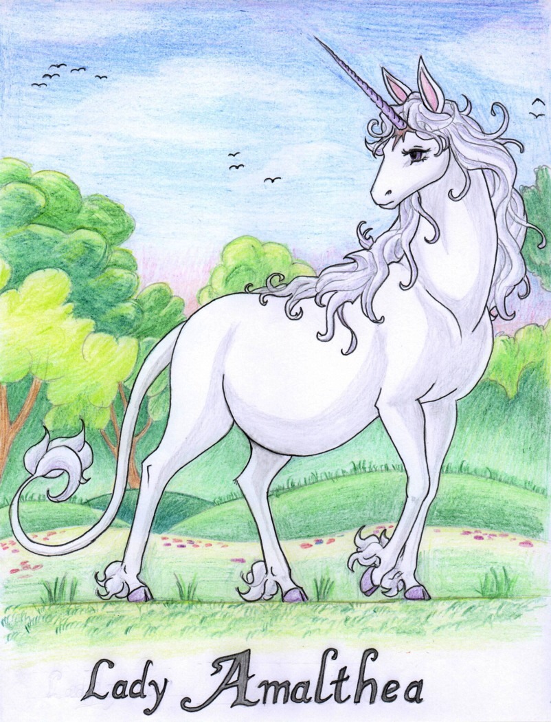 2007 amalthea_(tlu) avian belly big_belly bird colored_pencil_(artwork) equid equine female feral flower forest fur grass hair hooves horn leovictor looking_away mammal nature plant pregnant solo the_last_unicorn traditional_media_(artwork) tree unicorn white_body white_fur white_hair