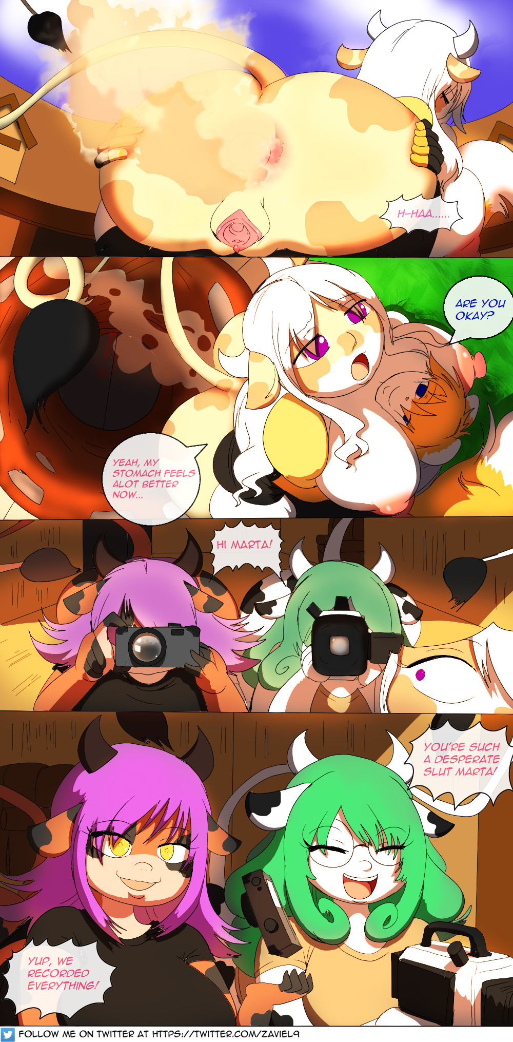 anthro big_breasts big_butt bovid bovine breasts butt butt_grab camera carrying cattle conker conker's_bad_fur_day daisy_(disambiguation) embarrassed fart female green_hair group hair hand_on_butt hi_res huge_breasts male male/female mammal marta olive_(disambiguation) purple_hair rareware recording rodent sciurid smile text url video_games zaviel