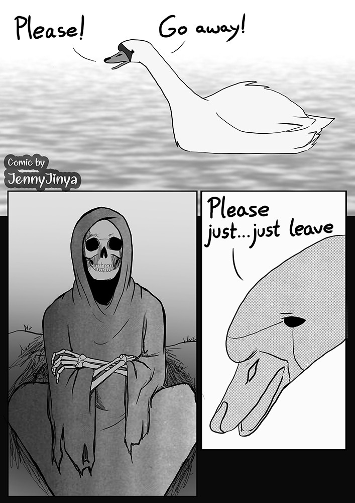 ambiguous_gender anatid animated_skeleton anseriform anserinae avian bird bone comic death_(personification) dialogue duo english_text feral greyscale jenny_jinya loving_reaper monochrome partially_submerged skeleton swan text undead