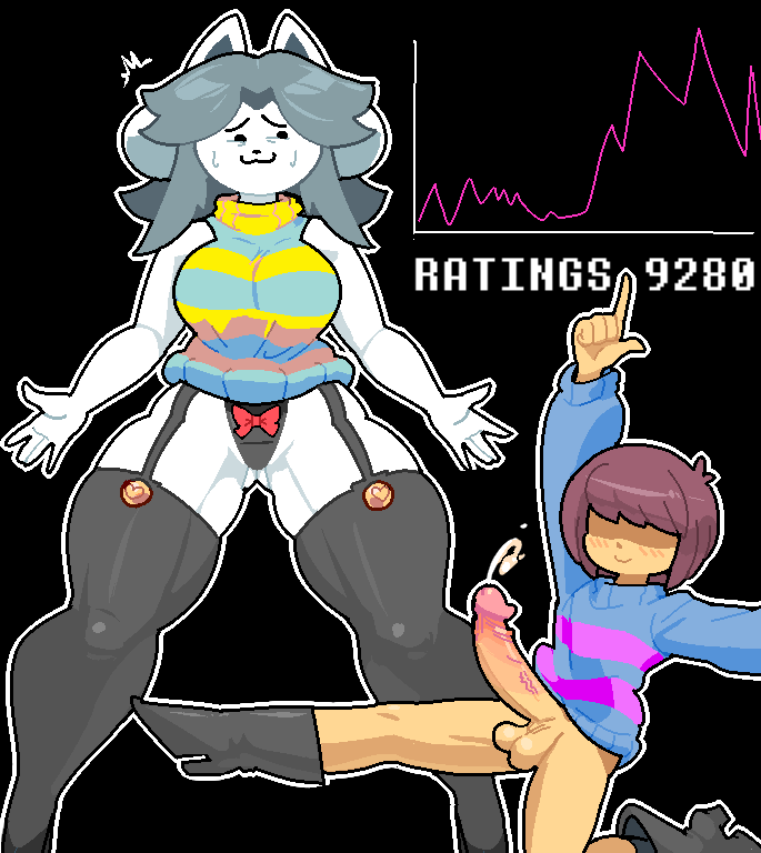 age_difference anthro balls big_breasts big_penis blush bodily_fluids boots breasts canid canine clothed clothing felid feline female footwear fur genital_fluids genitals hair human legwear male mammal nervous nervous_smile newtype_hero panties pattern_clothing pattern_shirt pattern_topwear penis pose precum protagonist_(undertale) retracted_foreskin shirt simple_background smile striped_clothing striped_shirt striped_topwear stripes sweat tem temmie_(undertale) text thick_thighs thigh_highs topwear undertale underwear vein veiny_penis video_games white_body young younger_human younger_male